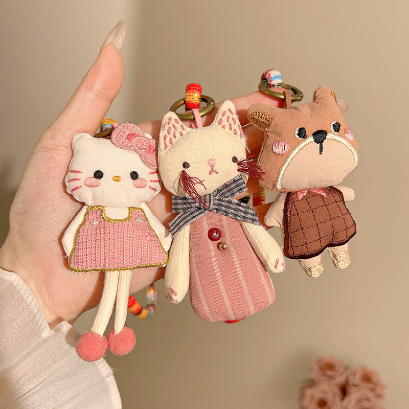 Korean Ins Handmade Fabric Cartoon Car Keychain Pendant Anti-Lost Cute Kitty Cat Doll Backpack Accessory