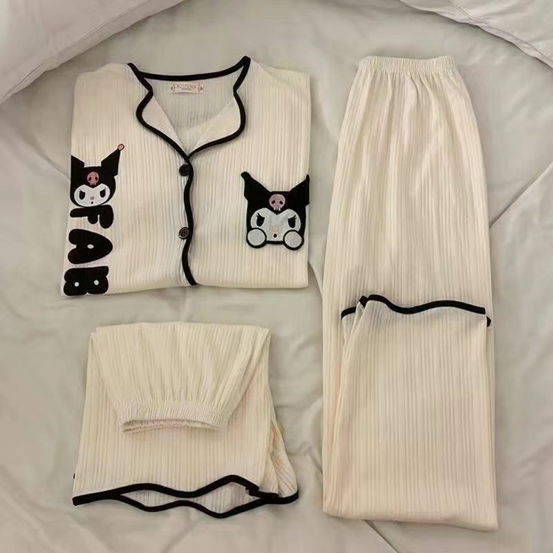 Pijamas calientes de verano transfronterizo para mujer de tres piezas pequeño monstruo imitación algodón pantalones cortos de manga corta pantalones cardigan traje de servicio a domicilio