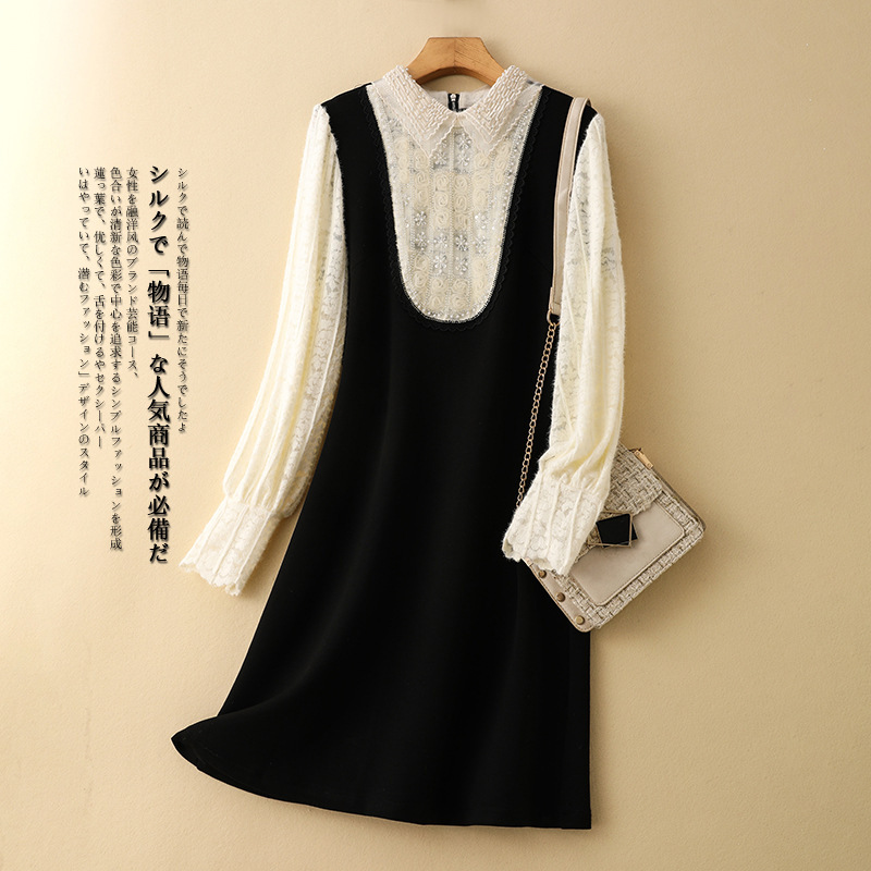 Women's clothing wholesale socialite Chanel style beaded lapel lace color matching fake two pieces air cotton slim slimming dress