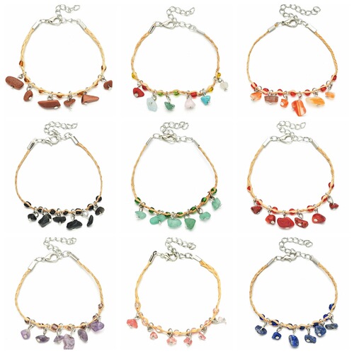 Euramerican cross-border Bohemian style multi-color rice bead crushed stone woven bracelet, Raffia crushed stone agate bracelet and anklet
