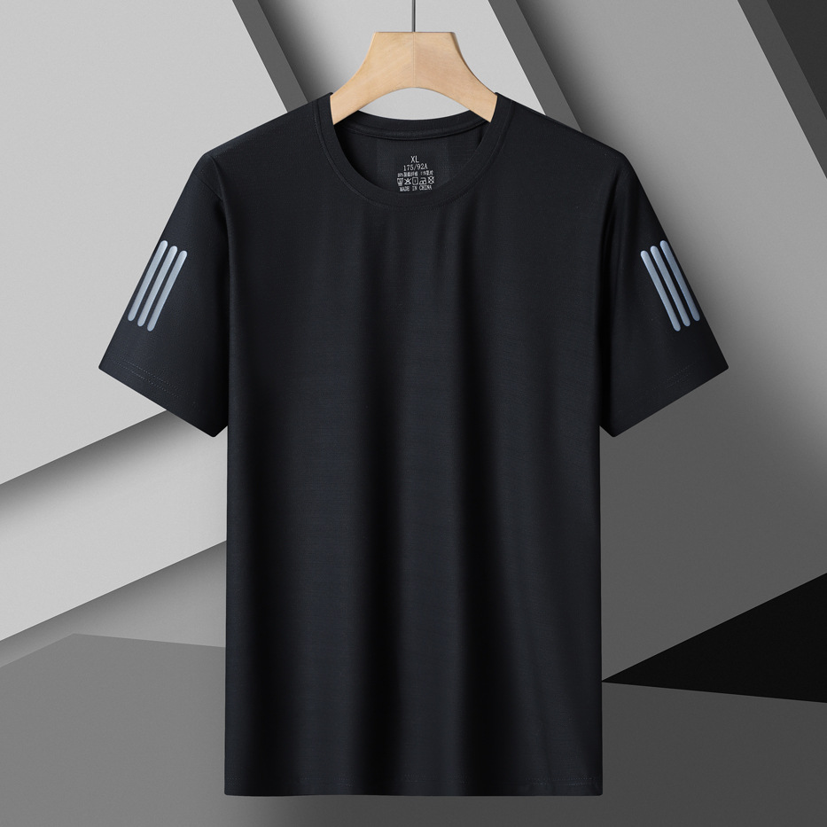 Camiseta de hielo transfronteriza para hombres de verano de tres barras de mangas cortas, secado rápido de mangas cortas transpirables, camisas deportivas sin quemar, moda