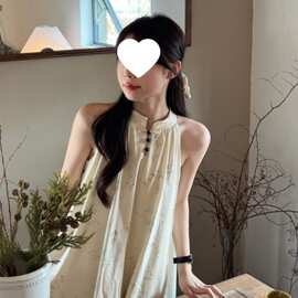 新中式国风挂脖吊带连衣裙子女夏季新款清冷禅意小众设计长裙