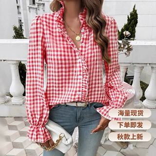 女式格子花边长袖衬衫 春秋V领法式复古上衣 跨境女装批发