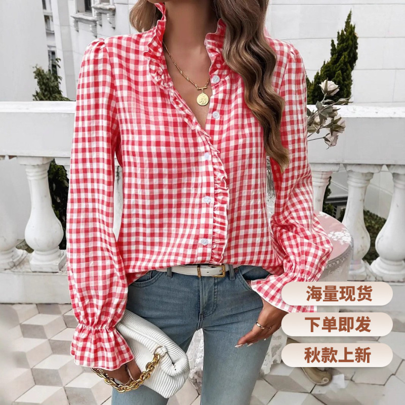 2026 European and American Cross-Border Spring New Arrivals V-Neck Plaid Lace Shirt French Fashion Elegant Long-Sleeve Shirt for Women