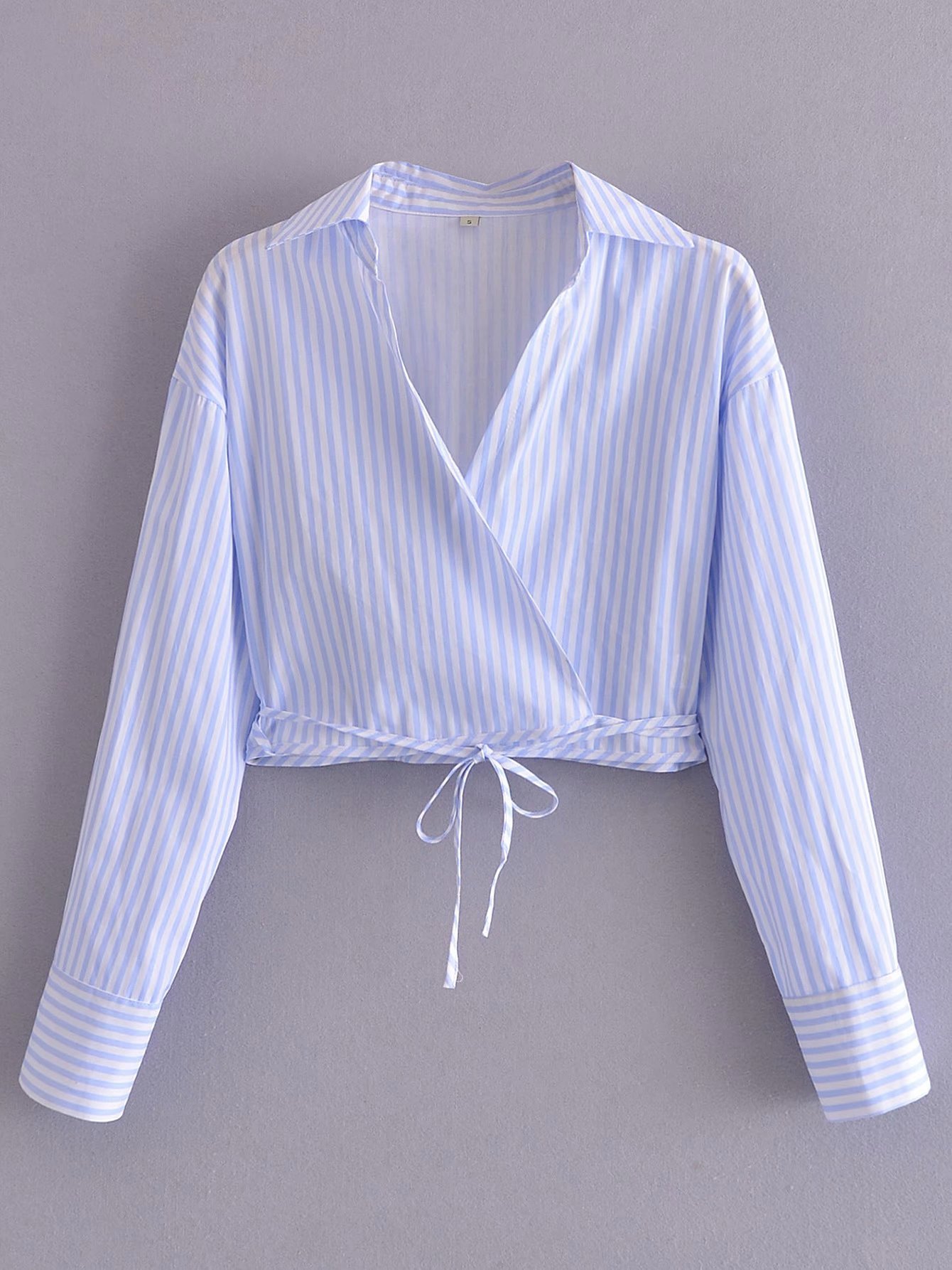 long-sleeved slim bow lace-up double stripe short shirt  NSAM54267