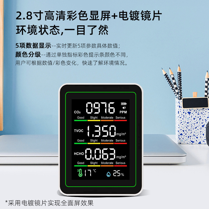 国境を越えたWiFi赤外線5in1空気検知器、30時間以上のバッテリー持続時間、ホルムアルデヒド検知、二酸化炭素、TVOC、温度、湿度|undefined