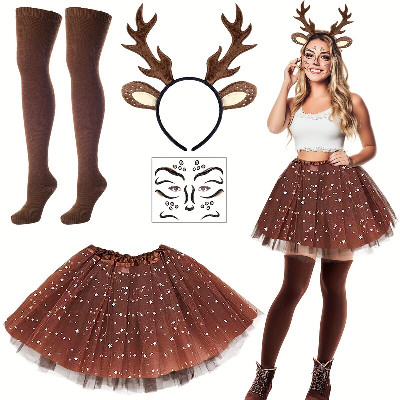 Carnival Deer Costume Antler Ears Headband Tutu Ballet Skirt Socks Deer Face Tattoo Masquerade Lp572