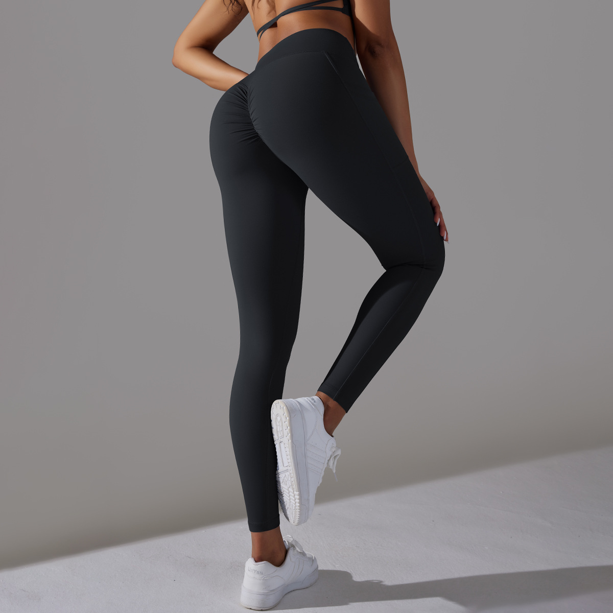 Abbigliamento da donna Pantaloni da yoga con tasca sui fianchi incrociati in nylon double face a vita alta, pantaloni da fitness da corsa sportivi_voghion.com