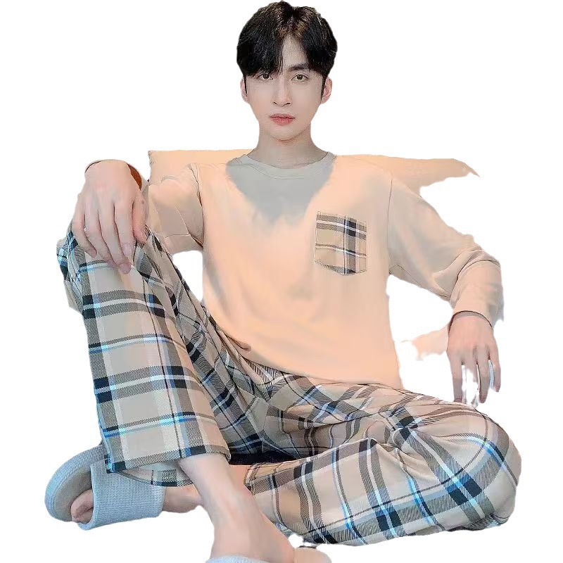 2024 pijama de otoño para hombres pantalones de mangas largas ropa de hogar simple cuello redondo delgado grande otoño invierno conjunto casual