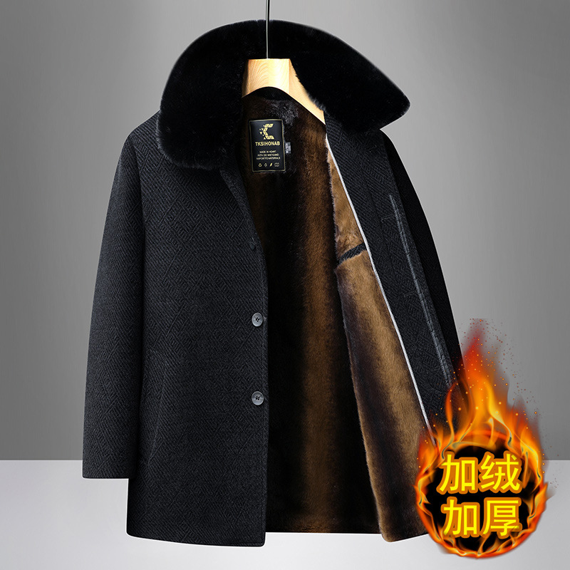 冬季中老年毛呢大衣男加绒加厚中长款棉衣爸爸冬装雪尼尔外套男装