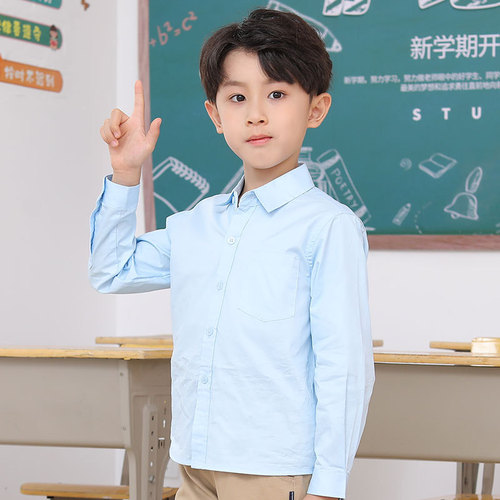 Men's Long-Sleeve Pure Cotton White Shirt Spring and Autumn Big Kid Elementary School Uniform Performance Costume Children's Blue Shirt