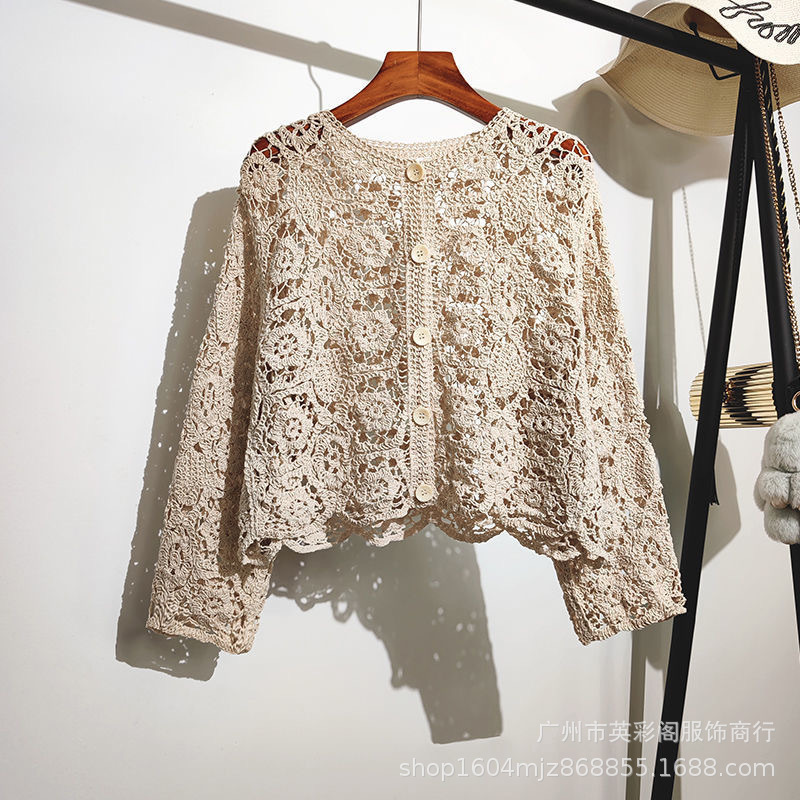 French Heavy Industry Crochet Vintage V-Neck Lace Embroidery Hollow Design Short Knitted Cardigan Sunscreen Top Women