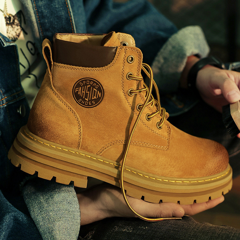 【批发代发】靴子女爆款厚底增高休闲马丁靴男真皮大黄靴情侣短靴