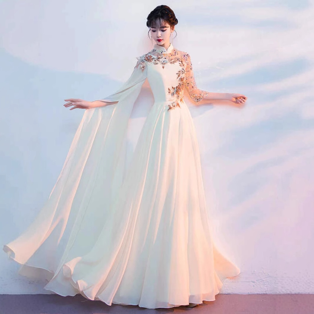 New Chorus Dress Women's Chinese Style Improved Style Lapneck Long Dress Champagne Guzheng Solo Competition Dress