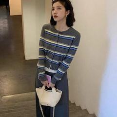 绵羊绒韩版复古撞色条纹针织开衫女早秋穿搭休闲显瘦长袖外搭上衣