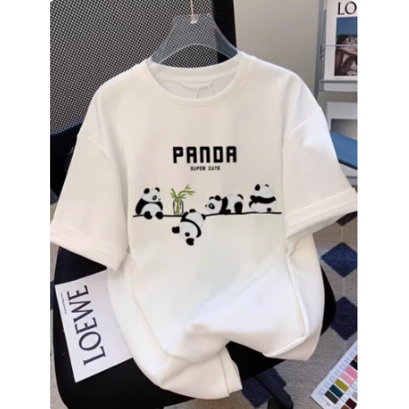 Panda Short-sleeved Women's Shoulder T-shirt Loose 2024 Summer New Design Sense ins Korean-style All-match Half-sleeved Top