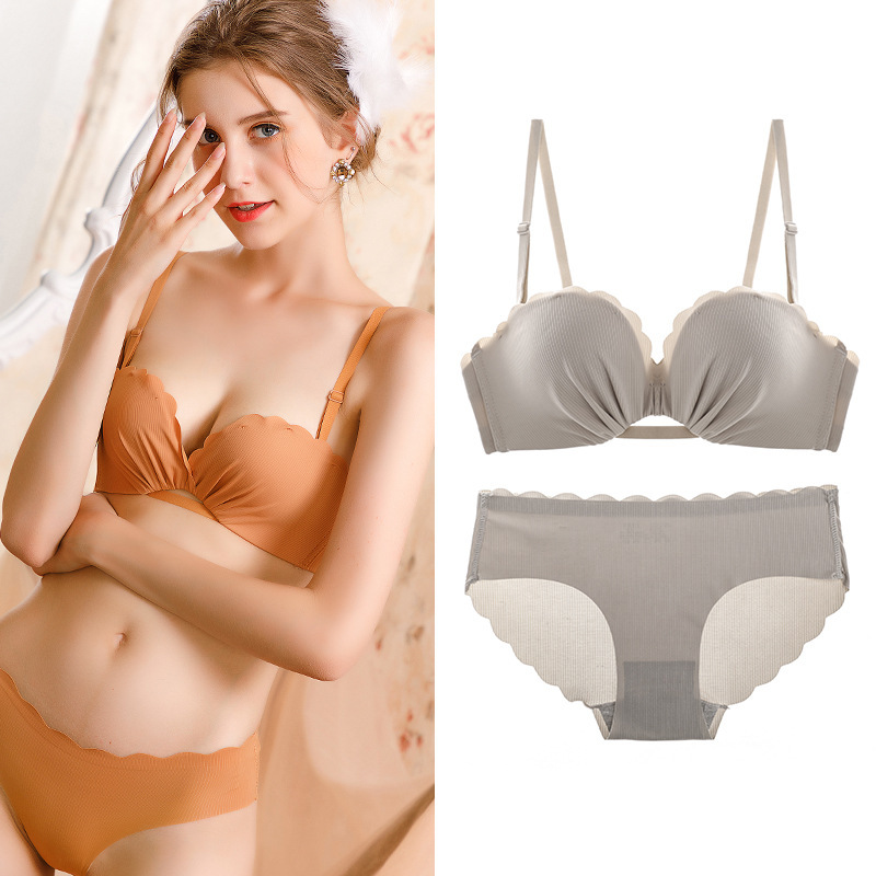 无钢圈聚拢上托调整型文胸套装纯色无肩带防滑性感美背胸罩内衣女|ru