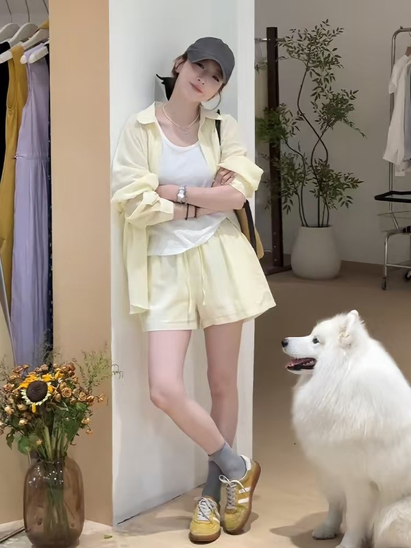 休闲时尚防晒衬衫短裤三件套装小个子穿搭夏装搭配一整套夏季女装|undefined