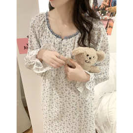 2025春装新款棉纱花朵花边连衣裙家居服睡衣