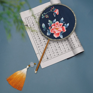 Suzhou Embroidery Round Fan Peony Round Fan Hanfu Retro Fan Xiangfei Bamboo Short Handle Embroidery Round Fan Dance Tool