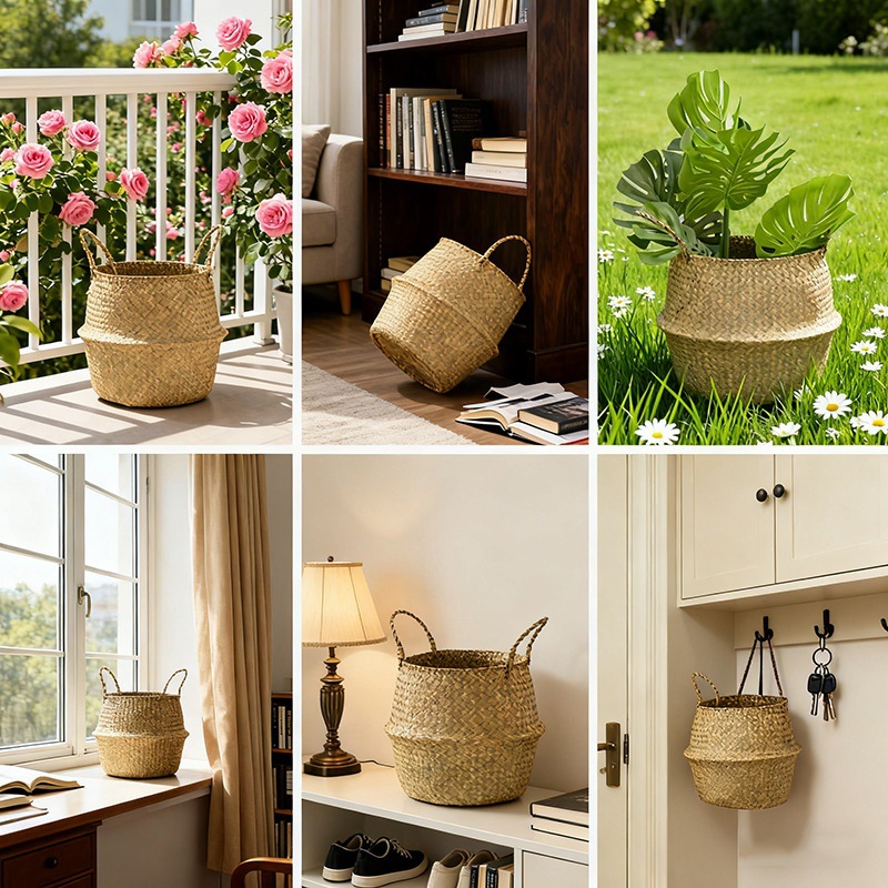 Natural Color Seagrass Rattan Woven Hand-Held Basket, Simple Home Living Room Decoration, Plant Decoration, Straw Woven Hand-Held Flower Pot