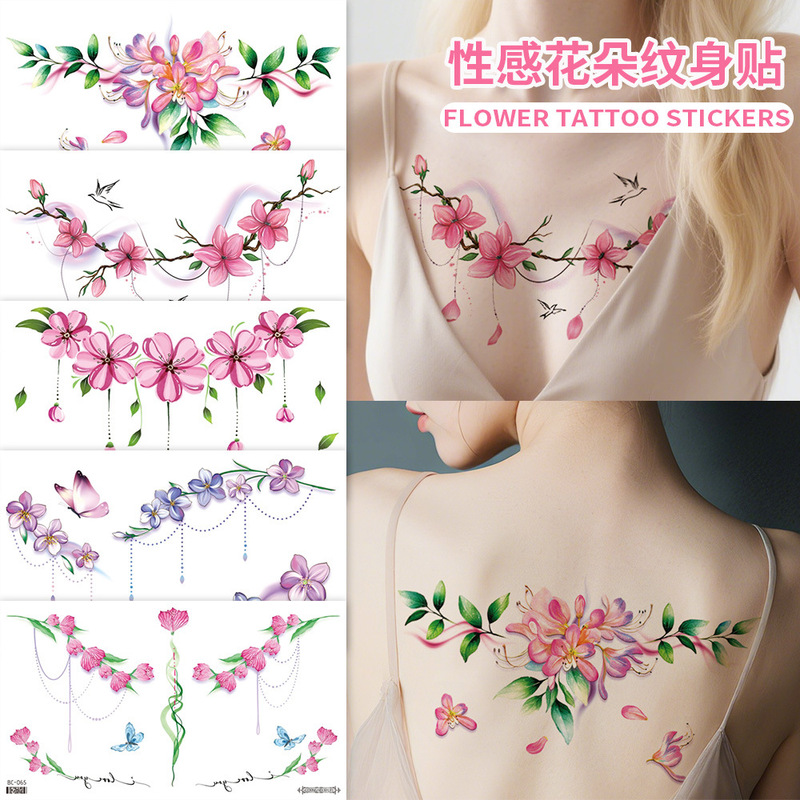 New Sexy Flower Tattoo Stickers Waterproof Small Fresh Flowers Collarbone Chest Temporary Tattoos European and American Cross-Border Wholesale