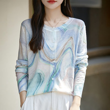 2025秋冬新款水溶羊毛针织开衫女士圆领宽松印花系扣长袖百搭外套