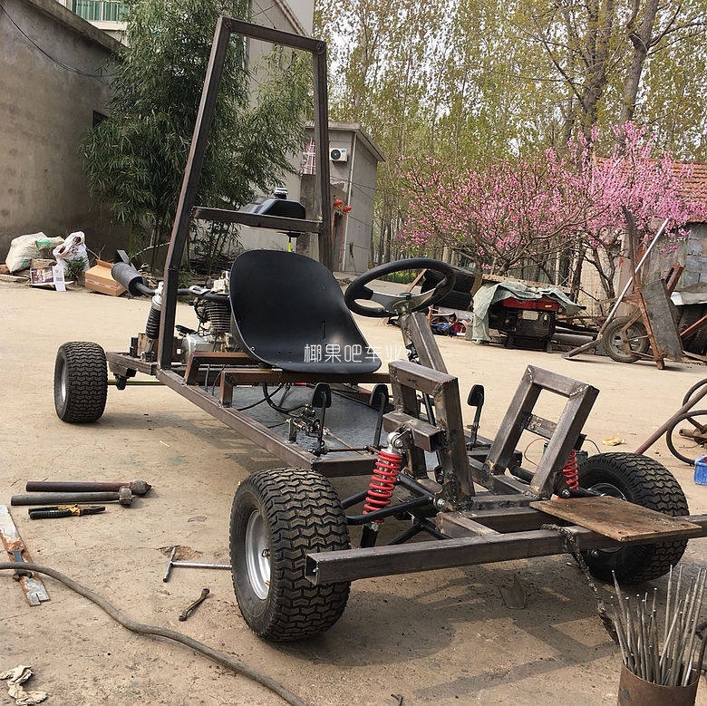 Modified Go-Kart Parts, Homemade Four-Wheel Vehicle with Front and Rear Suspension, Steering Wheel, 1m Rear Axle, 6/7/ 8inch Tires