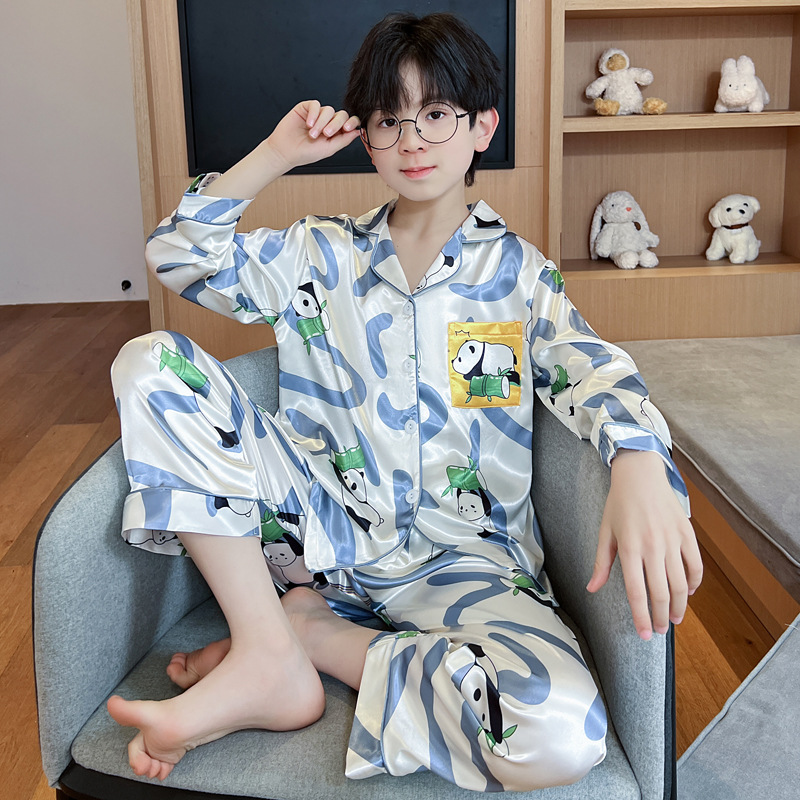 Children's Pajamas for Boys, Spring and Autumn, Thin Ice Silk Long-Sleeved Silk Set, Big Boys' Loungewear, Home Casual Wear