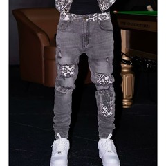 skinny美式街头嘻哈基础假破洞贴布豹纹修身水洗小脚牛仔裤男跨境