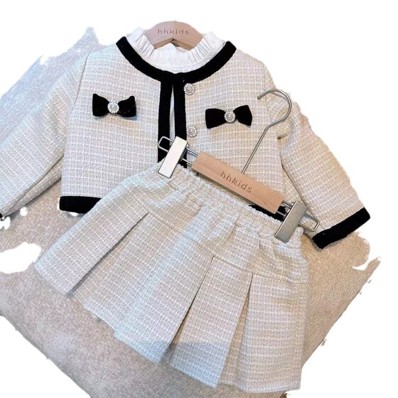 New Children's Wear 2024 Spring and Autumn Girls' Fragrant Style suit Bead Jacket Pleated Skirt Children's Two-Piece Set