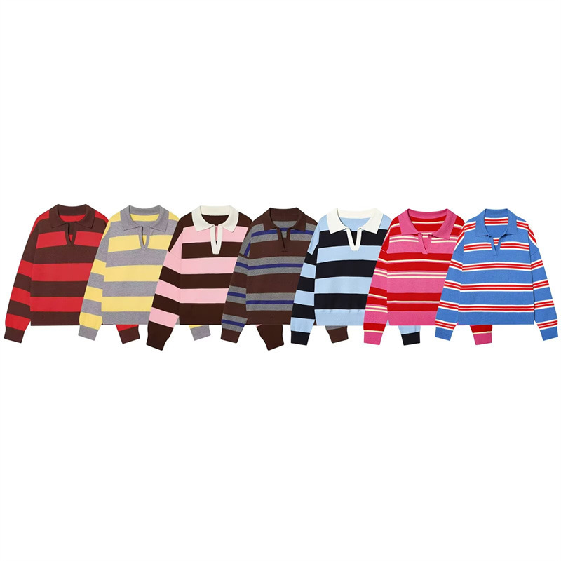Foreign Trade Wholesale European and American Style 2025 New Fashion Elegant Women's Striped Shirt Collar Knitwear 55362181