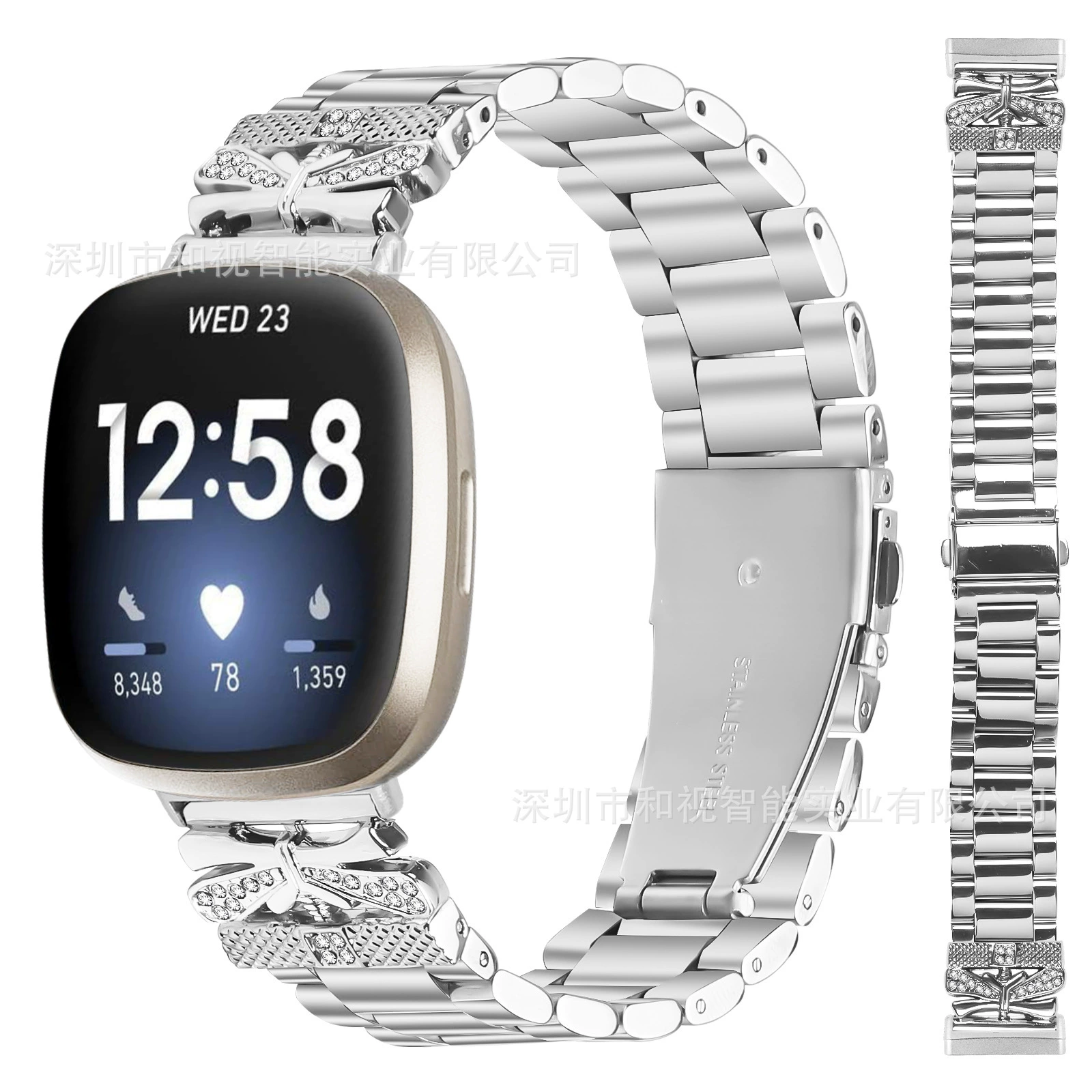 Ремешок для Fitbit Versa 3/4/Sense 2, металлический браслет-бабочка из нержавеющей стали с тремя блестящими звеньями