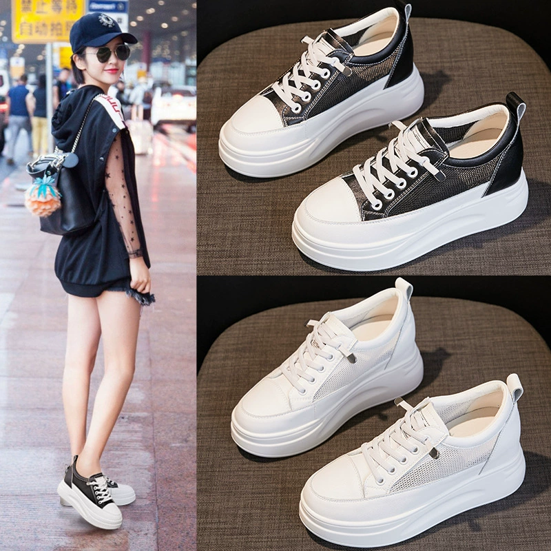 Летние новые кексы с толстой подошвой из увеличенной кожи, женская обувь, сетчатая Белая обувь, повседневная спортивная женская обувь, поколение волос