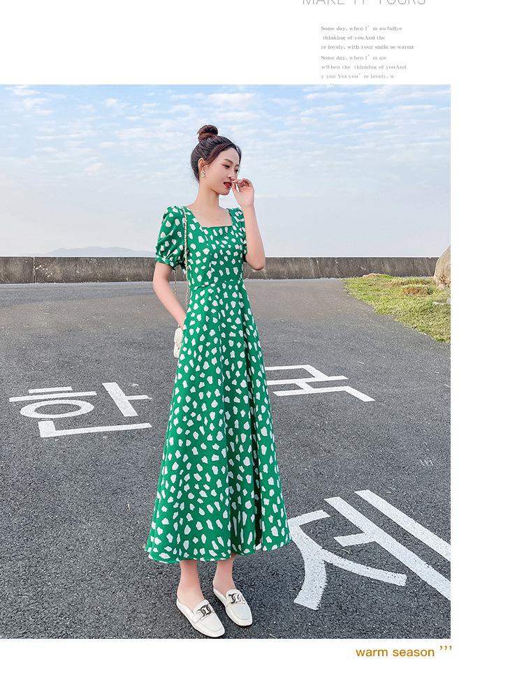 Sexy Short-sleeved Korean Hepburn-style Elegant Dress, A-line Chiffon, Pure And Alluring, Plus-size, Green Floral_ecoleips.com