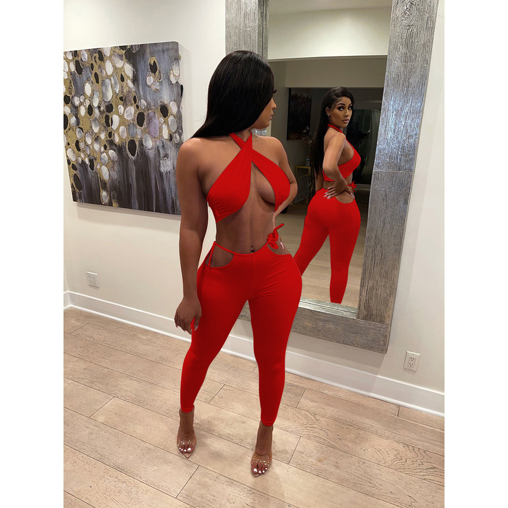 Sexy Casual Solid Color Halterneck Vest & Trousers 2 Piece Set NSFDD96221