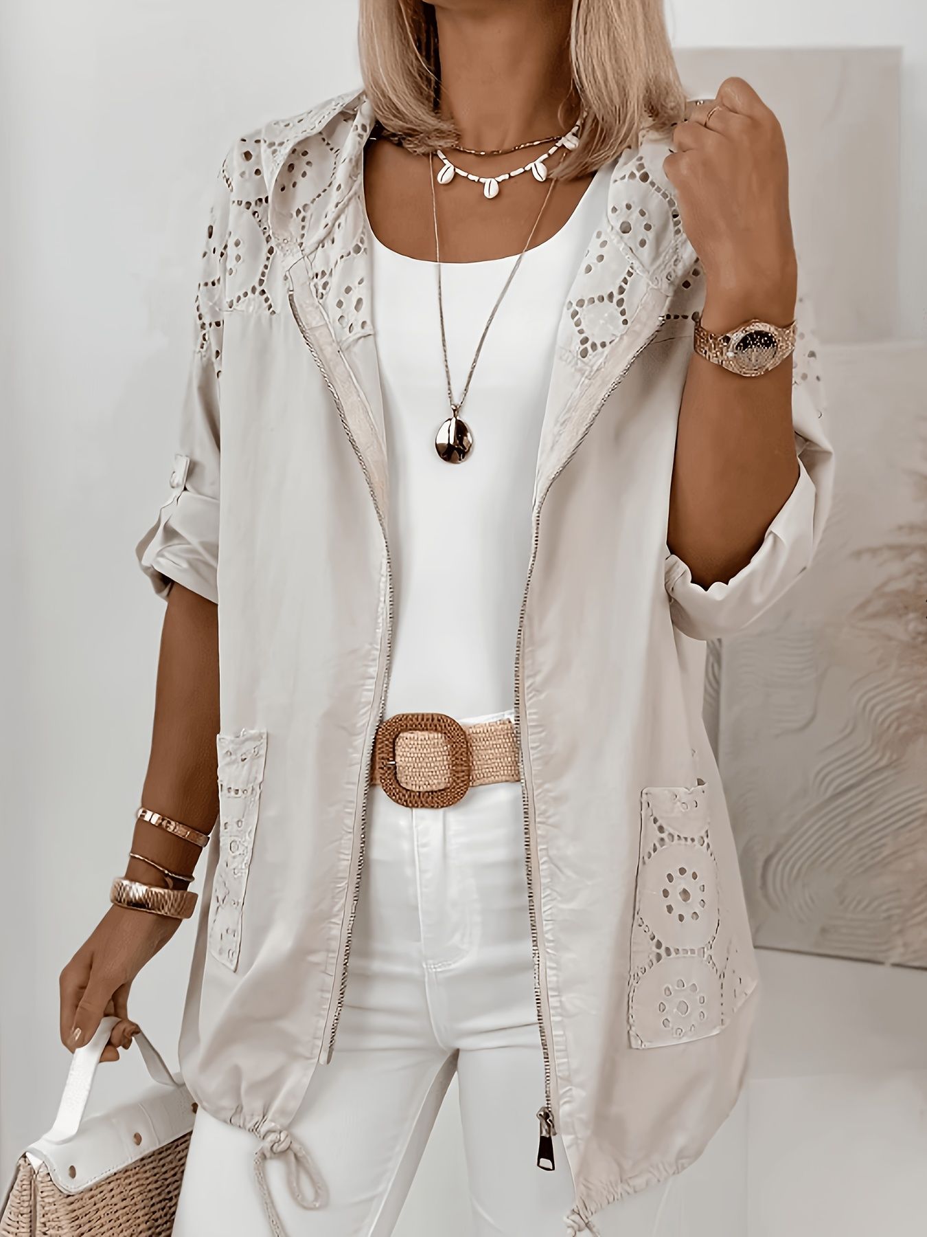 Casual damas chaqueta con capuzas delgada encaje de empalme cremallera suelta cardigan de manga larga image 1