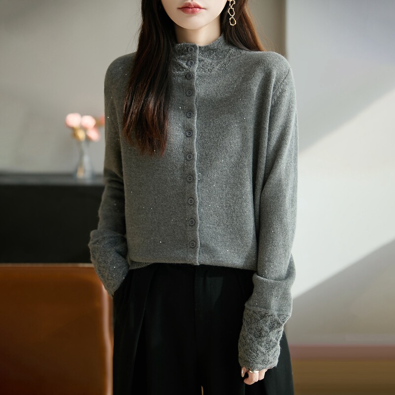 Old Money Style Crochet Trendy Knit Sweater for Women, Gray Cardigan Sweater Coat, New Thickened Warm Base Shirt for Autumn and Winter