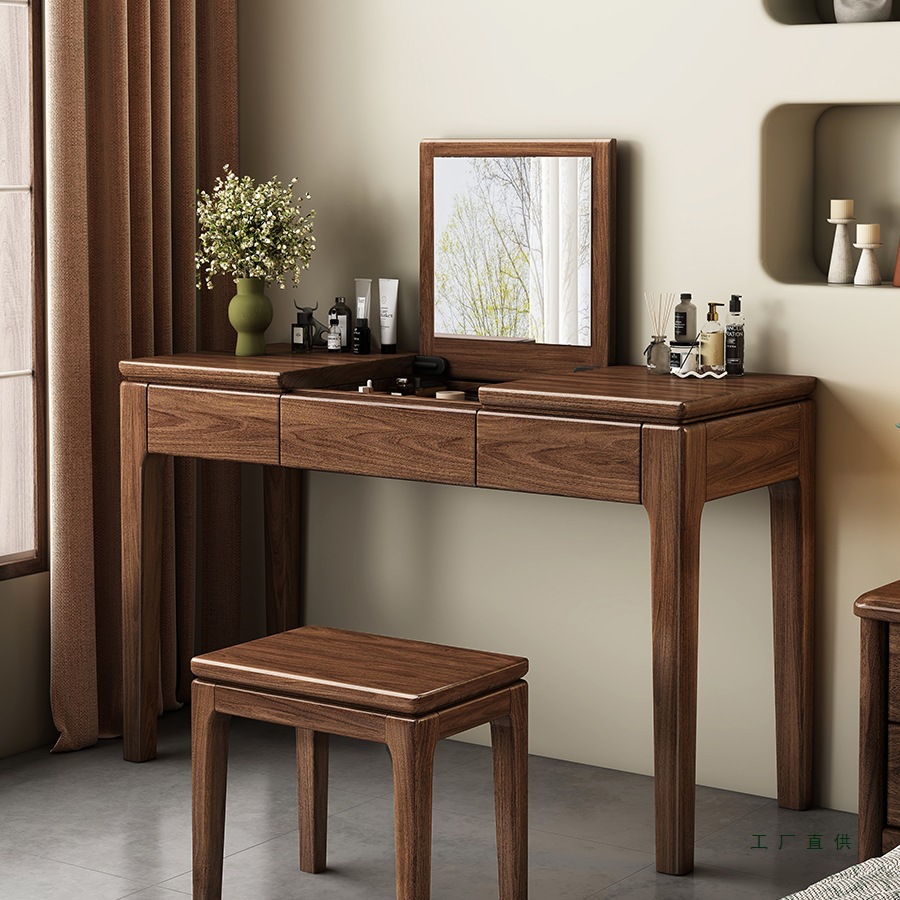 Black Walnut Dressing Table Solid Wood Modern Simple Mid-Century Style Bedroom Flip Dressing Table Desk Dressing Table Integrated