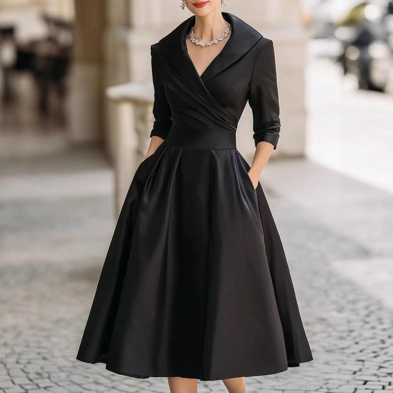 2025 European and American Fashion Amazon Independent Site Elegant Formal Waist Dress Slimming Elegant Long-Sleeved Dress