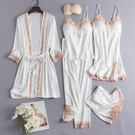 Foreign trade cross-border manufacturers new pajamas with chest pad European and American plus size gold ladies flower five-piece set of thin home clothes