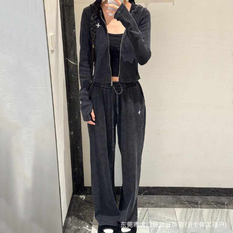 Smfk Wild Retro Slim Fit Zipper Hoodie Sports Casual Cotton Cardigan Jacket New Straight-Leg Wide Leg Trousers