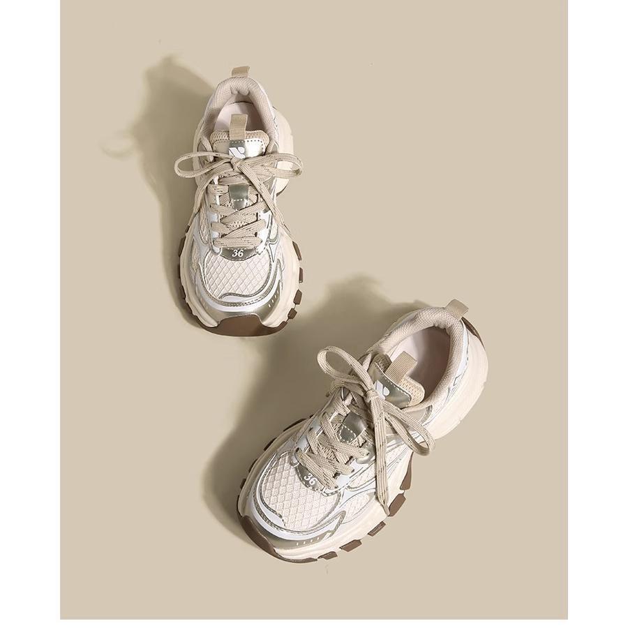 Baskets de running en cuir véritable argenté à semelles épaisses_voghion.com