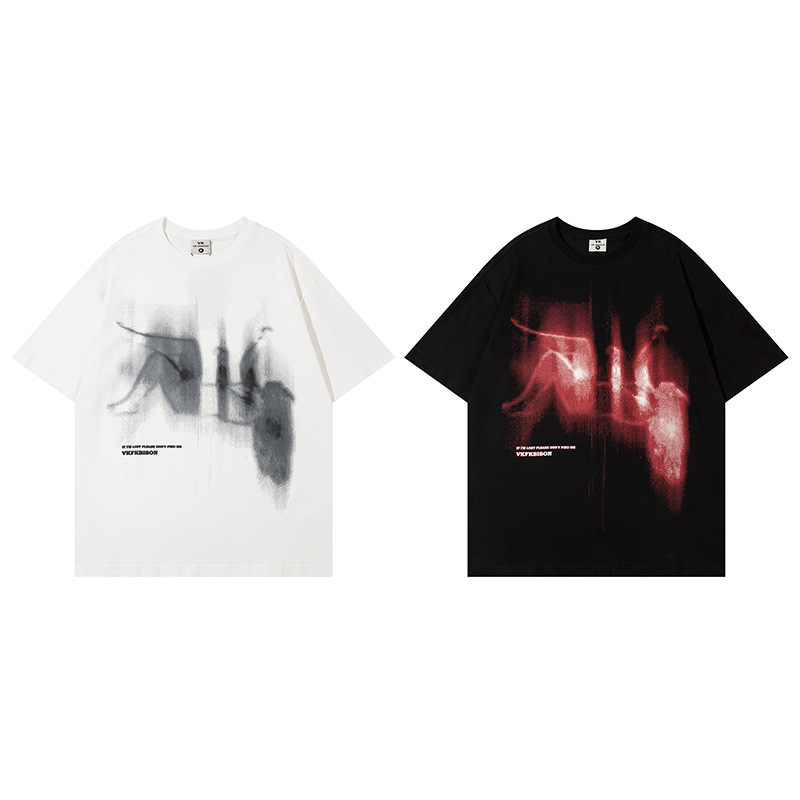 European And American Popular Falling Figure Printing Design Sense Oversize Shoulder Loose Round Neck T-shirt Cotton Ins Short Sleeve Men_voghion.com