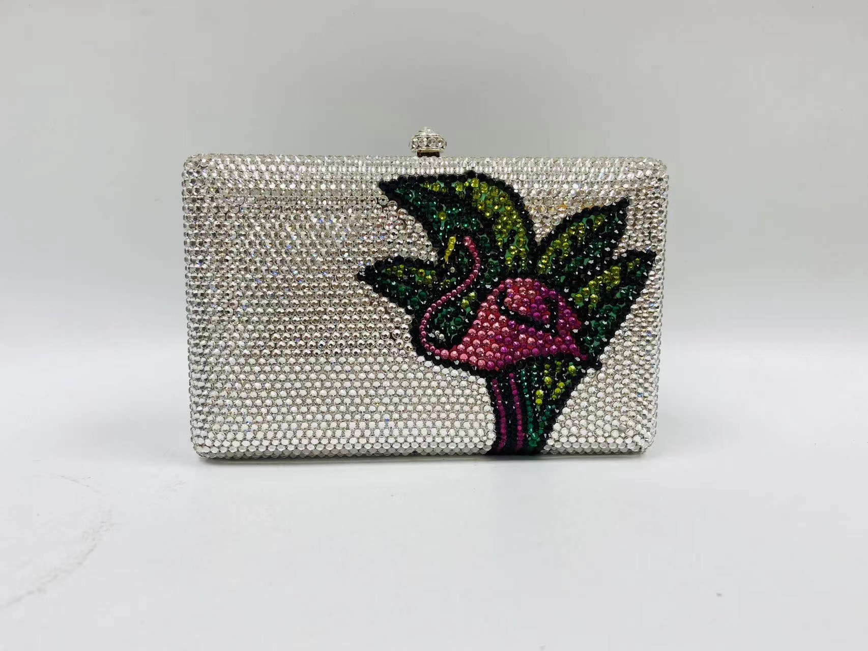 Túi clutch nữ đính kim cương thủ công đế bằng dự tiệc — Cuộn tròn đô la/phấn màu chi tiết 12