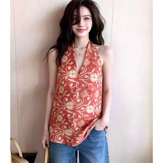 夏日松弛度假风 复古天丝印花挂脖背心慵懒显瘦无袖上衣女