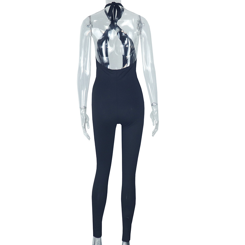 Women Clothing Sexy Micro Elastic Tight Fitting Solid Color Long Conjoined Trousers Sleeveless Halter Backless Bodysuit