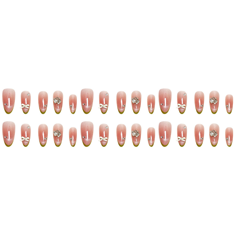 30 piezas de forro de uñas francés verde prefabricado con brillo, pila de perlas, perforar y usar uñas, ojos de gato, uñas hechas a mano, parche de uñas