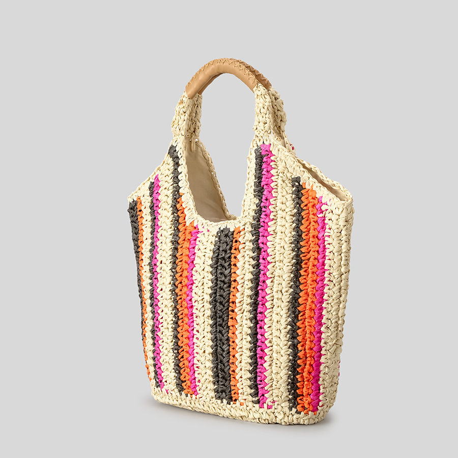 Lässige, farbenfrohe, gestreifte Strohtasche für Damen, großes Fassungsvermögen, Sommer-Strandhandtasche, neues Design_voghion.com