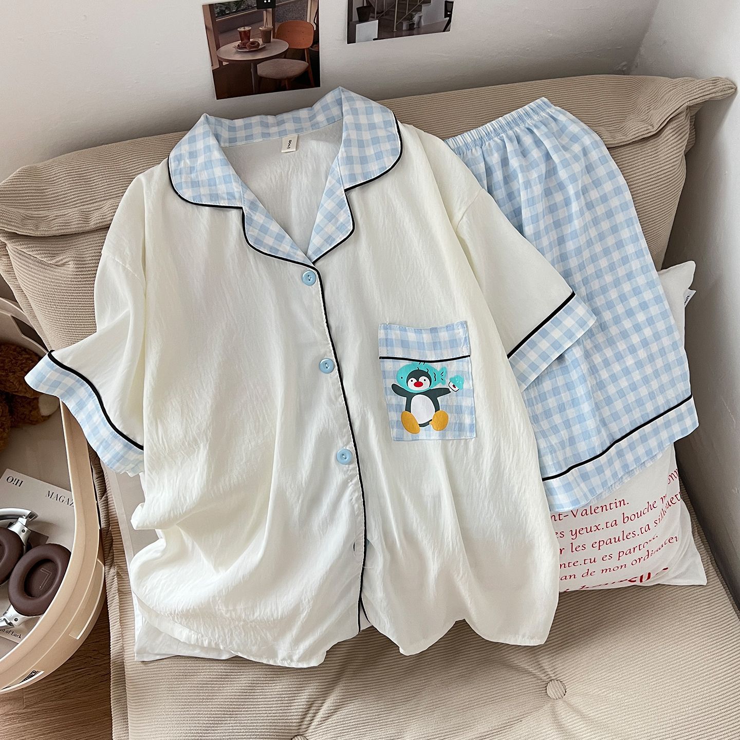 Pijamas de algodón de nube al por mayor transfronterizo para mujer, cárdigan fino de manga corta de verano, traje de servicio a domicilio de estudiante de dibujos animados dulce y lindo